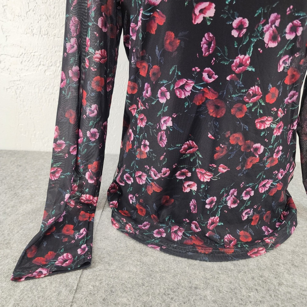 Black Floral Mesh Long Sleeve Sheer Poppy Print Top Womens Large - Picture 3 of 6